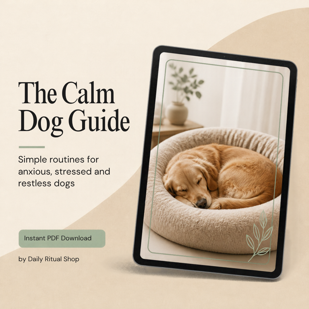 The Calm Dog Guide – PDF guide cover with a dog relaxing in a cozy bed