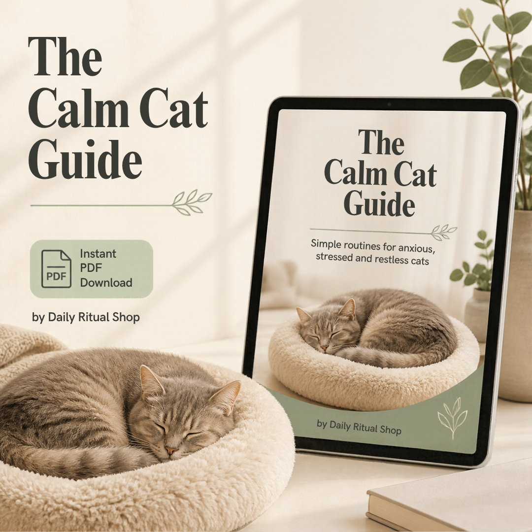 The Calm Cat Guide – PDF guide cover with a cat relaxing in a cozy bed